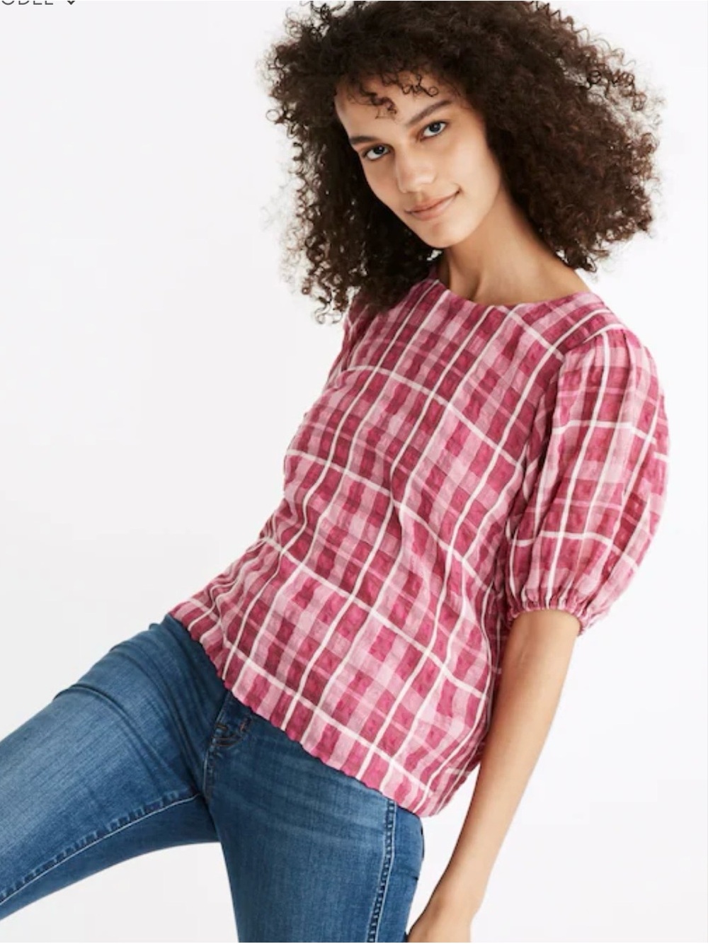 Madewell Pink Plaid Puff-Sleeve Blouse